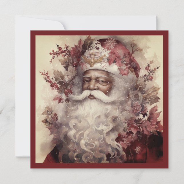 Rococo Black Santa White Beard Maple Leaf Holiday Card (Front)
