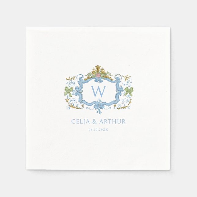 Rococo Blue Monogram Crest Wedding  Napkin (Front)