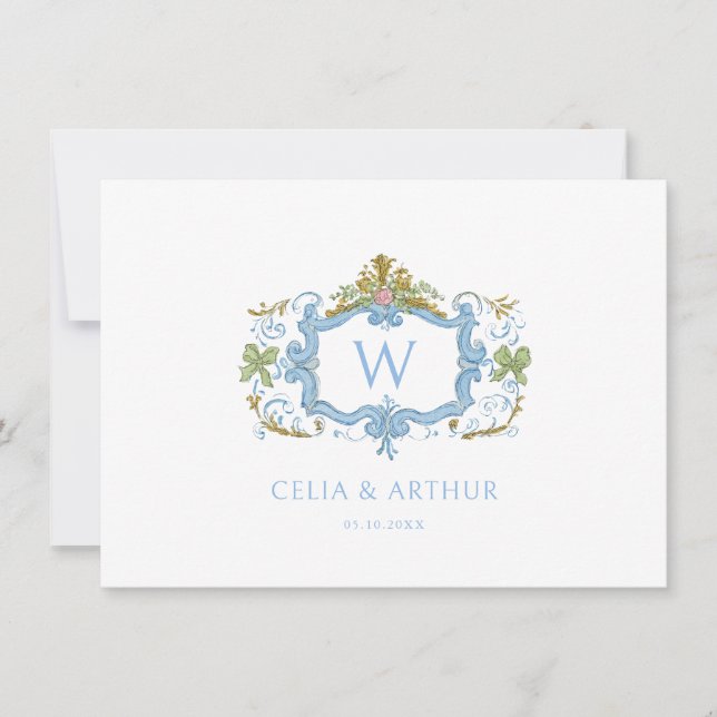 Rococo Blue Monogram Crest Wedding  Thank You Card (Front)