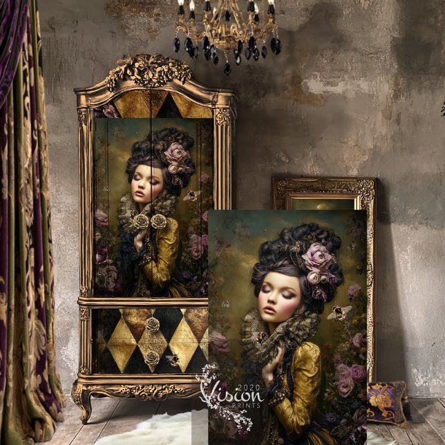 Rococo Buzz Moody Victorian Portrait & Floral Art Tissue Paper (Rococo Buzz Victorian Woman Portrait, Baroque Bee & Floral Decoupage Tissue Paper)