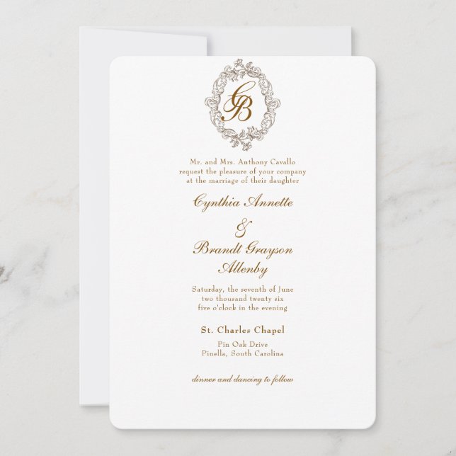 Rococo Crest Mocha Monochrome Monogram Invitation (Front)