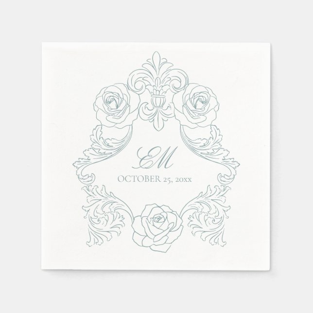 Rococo Crest Monogram Dusty Blue Wedding Logo Napkin (Front)