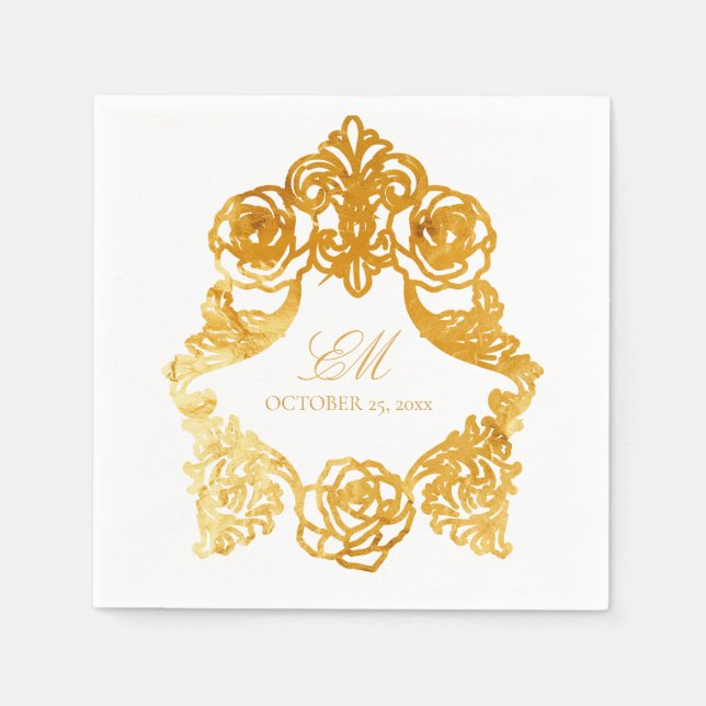 Rococo Crest Monogram Golden Foil Wedding Logo  Napkin (Front)
