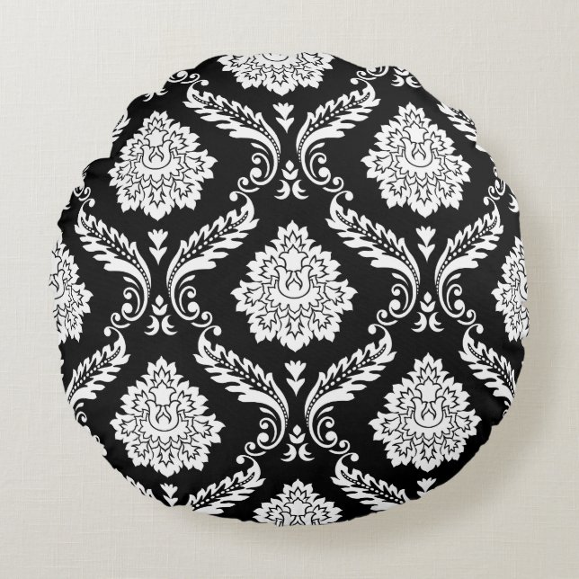 Rococo Damask 2Way Big Pattern BW Round Cushion (Front)