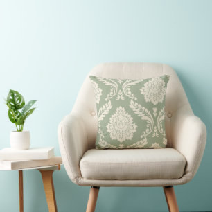 Rococo Damask Art I Cream on Green Cushion