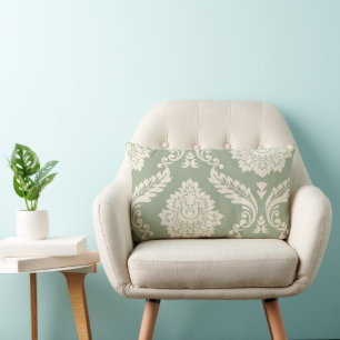 Rococo Damask Art I Cream on Green Lumbar Cushion