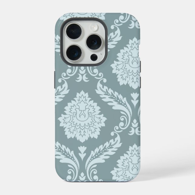 Rococo Damask Art I Duck Egg Blue+Teal iPhone Case (Back)