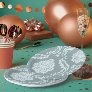 Rococo Damask Art I Duck Egg Blue+Teal Paper Plate