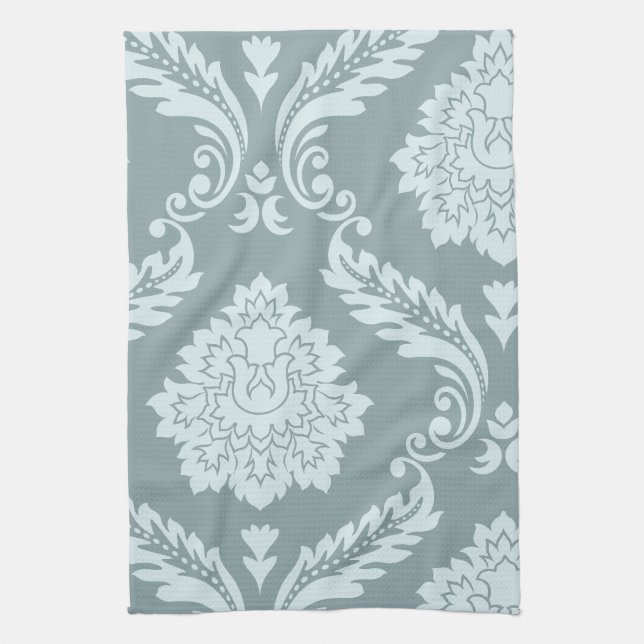 Rococo Damask Art I Duck Egg Blue+Teal Tea Towel (Vertical)