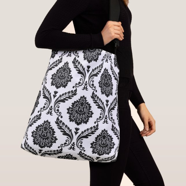 Rococo Damask Big Pattern Black on White Crossbody Bag (Close Up)