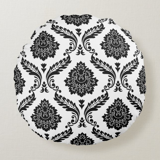 Rococo Damask Big Pattern Black on White Round Cushion (Front)