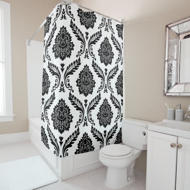 Rococo Damask Big Pattern Black on White Shower Curtain (In Situ)