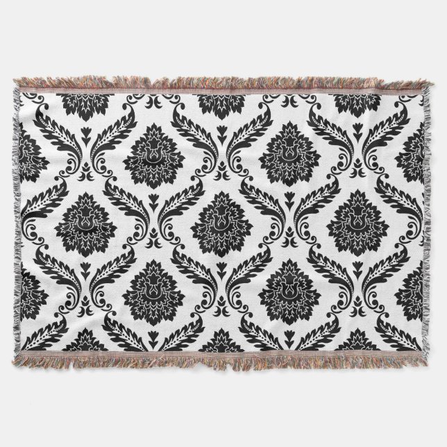 Rococo Damask Big Pattern Black on White Throw Blanket (Front)