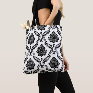 Rococo Damask Big Pattern Black on White Tote Bag