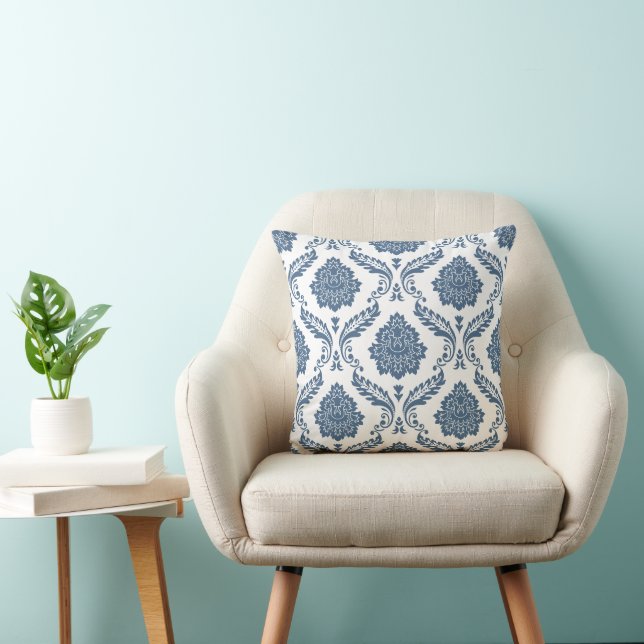 Rococo Damask Big Pattern Blue on White Cushion (Chair)
