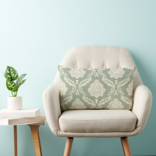 Rococo Damask Big Pattern Cream on Green Lumbar Cushion