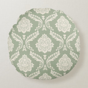 Rococo Damask Big Pattern Cream on Green Round Cushion
