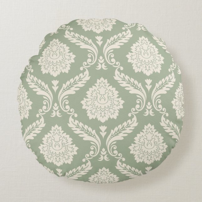 Rococo Damask Big Pattern Cream on Green Round Cushion (Front)