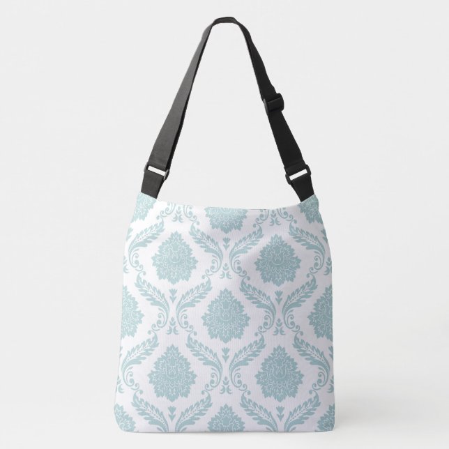 Rococo Damask Big Pattern Duck Egg Blue on White Crossbody Bag (Front)
