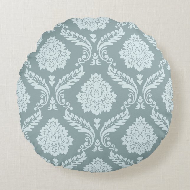 Rococo Damask Big Pattern Duck Egg Blue+Teal Round Cushion (Front)