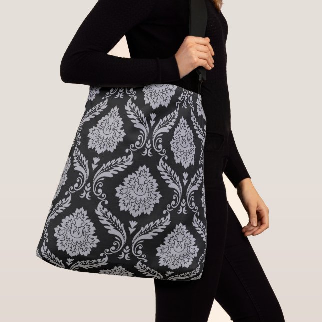 Rococo Damask Big Pattern Grey on Black Crossbody Bag (Close Up)
