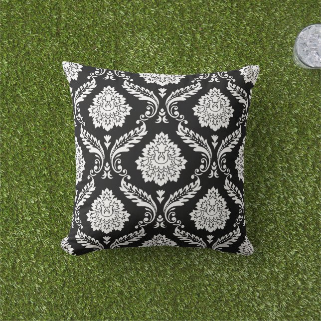 Rococo Damask Big Pattern White on Black Cushion (Grass)