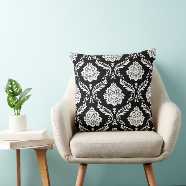 Rococo Damask Big Pattern White on Black Cushion (Chair)