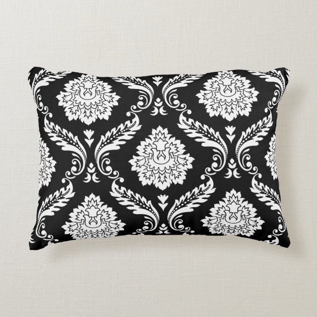 Rococo Damask Big Pattern White on Black Decorative Cushion (Front)