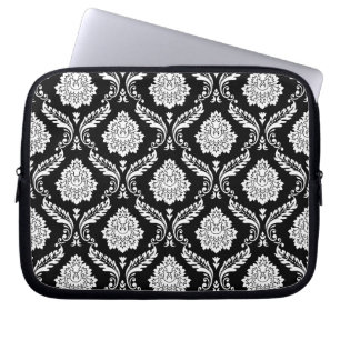Rococo Damask Big Pattern White on Black Laptop Sleeve