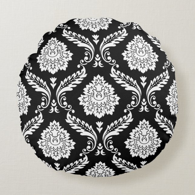 Rococo Damask Big Pattern White on Black Round Cushion (Front)