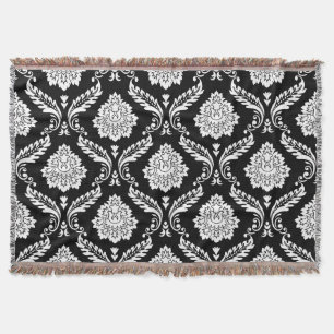 Rococo Damask Big Pattern White on Black Throw Blanket