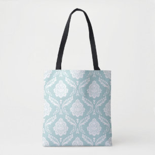 Rococo Damask Big Pattern White on Duck Egg Blue Tote Bag