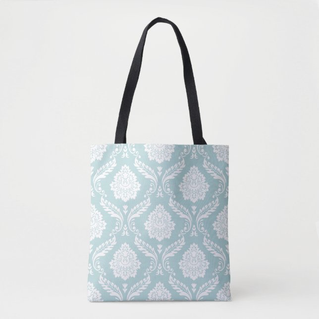 Rococo Damask Big Pattern White on Duck Egg Blue Tote Bag (Front)