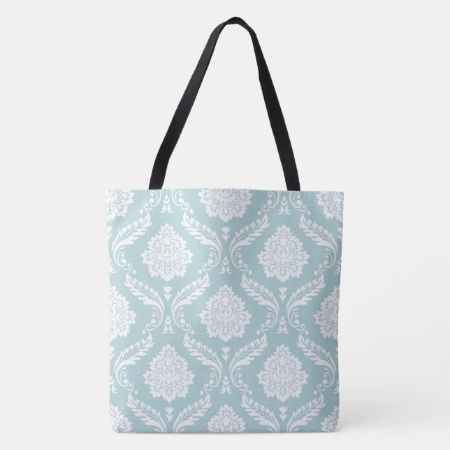 Rococo Damask Big Pattern White on Duck Egg Blue Tote Bag (Front)