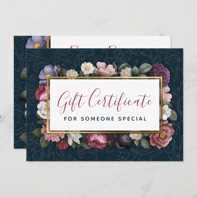 Rococo Damask & Floral Navy Gift Certificate Card (Front/Back)
