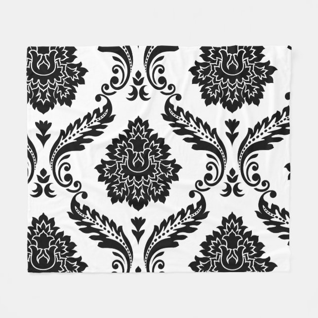 Rococo Damask Lg Off-Set Pattern Black on White Fleece Blanket (Front (Horizontal))