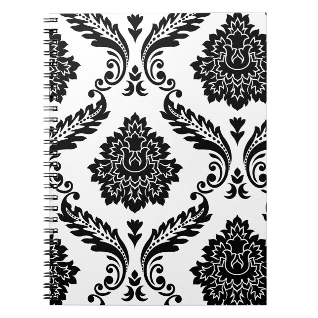 Rococo Damask Lg Off-Set Pattern Black on White Notebook (Front)