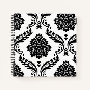 Rococo Damask Lg Off-Set Pattern Black on White Notebook