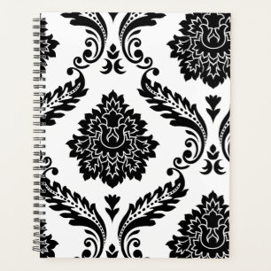 Rococo Damask Lg Off-Set Pattern Black on White Planner