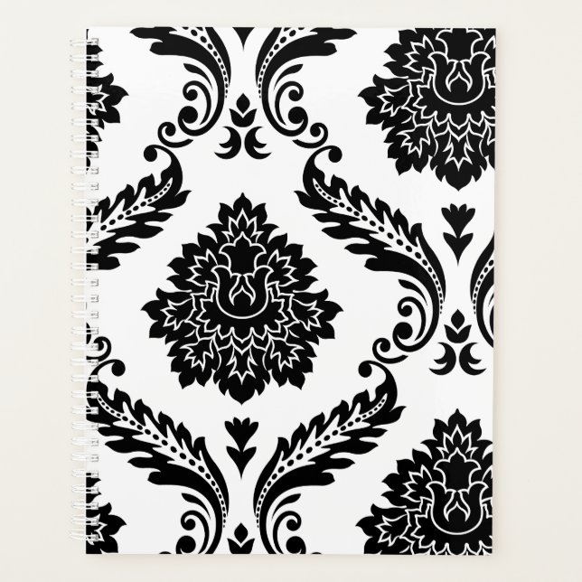 Rococo Damask Lg Off-Set Pattern Black on White Planner (Front)