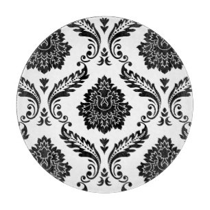 Rococo Damask Lg Pattern Black on White Cutting Board