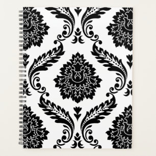 Rococo Damask Lg Pattern Black on White Planner