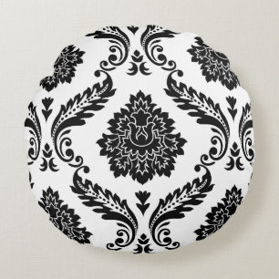 Rococo Damask Lg Pattern Black on White Round Cushion