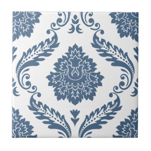 Rococo Damask Lg Pattern Blue on White Ceramic Tile