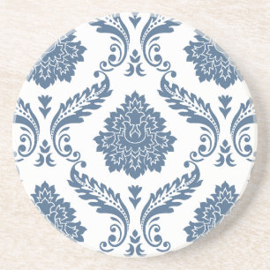 Rococo Damask Lg Pattern Blue on White Coaster