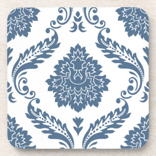 Rococo Damask Lg Pattern Blue on White Coaster