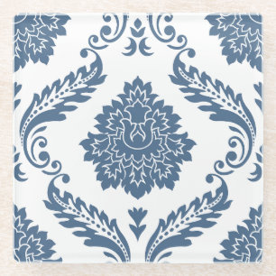 Rococo Damask Lg Pattern Blue on White Glass Coaster