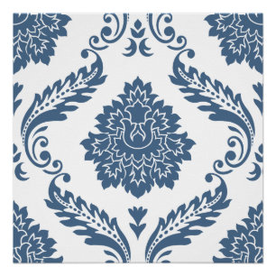 Rococo Damask Lg Pattern Blue on White Poster