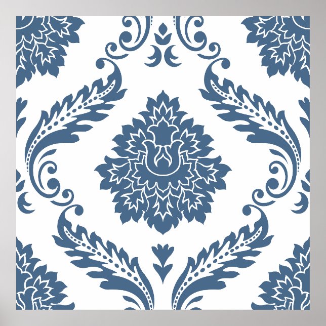 Rococo Damask Lg Pattern Blue on White Poster (Front)