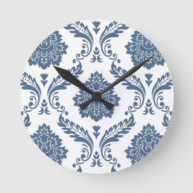 Rococo Damask Lg Pattern Blue on White Round Clock (Front)